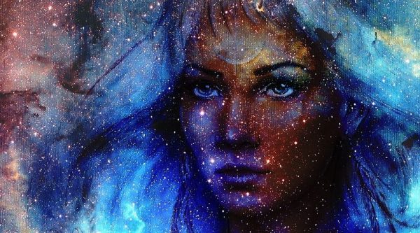 50043157 - beautiful painting goddess woman and  color space background with stars